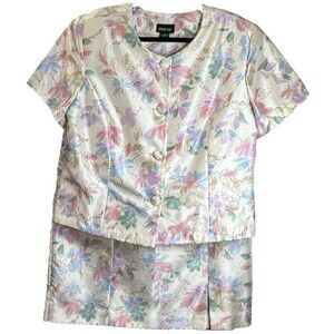 LESLIE FAY Vintage Skirt & Shirt/Jacket 2 Pc Set Sz 18 Floral Church Office
